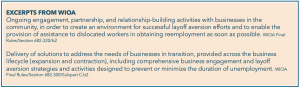 Relevant portions of WIOA rules pertaining to business engagement and layoff aversion are listed.
